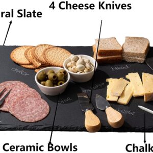 WLWNWFT 1 Pc 16 x 12 inch Slate Cheese Board Large Slate Board Set Slate Stone Board Slate Cheese Tray Serving Tray with 4 Knives Forks, 2 Ceramic Bowls and Chalk Christmas