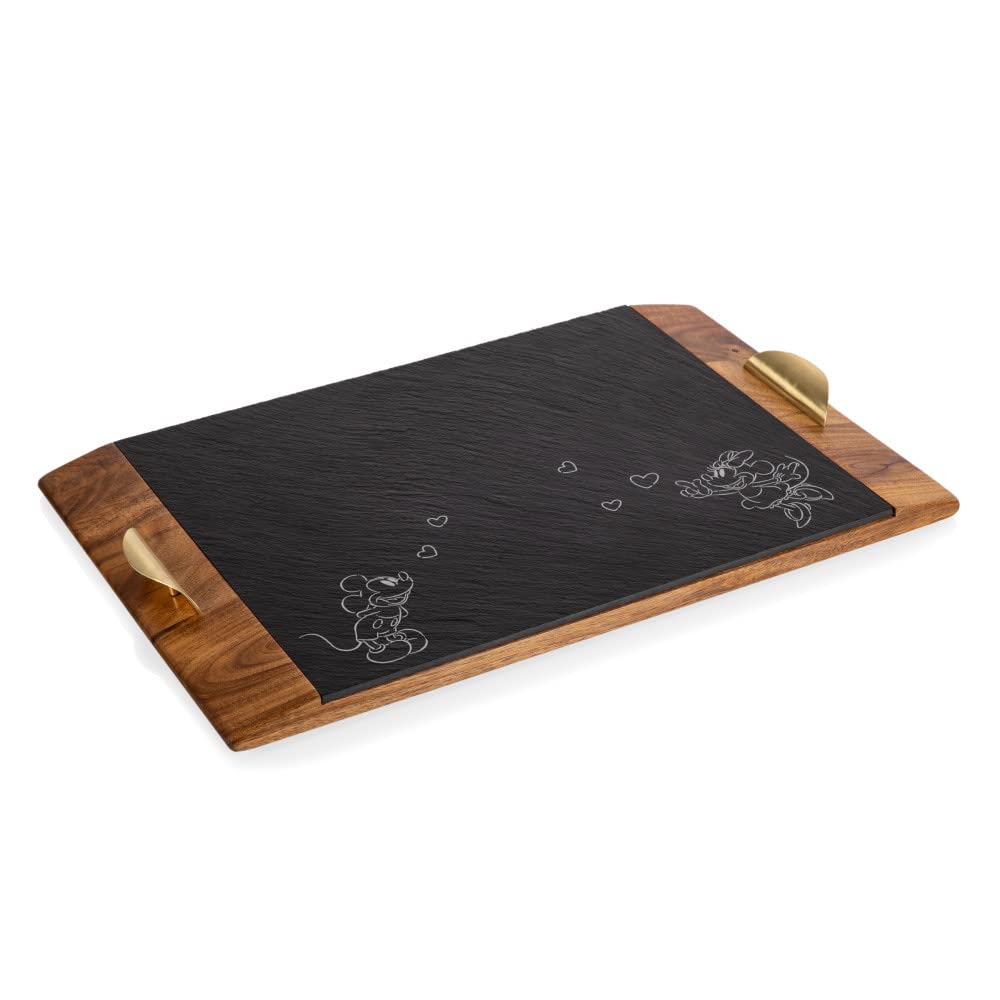 PICNIC TIME Disney Mickey Mouse & Minnie Mouse Covina Acacia and Slate Serving Tray, Charcuterie Board Set, Cheese Board, (Acacia Wood & Slate Black with Gold Accents)