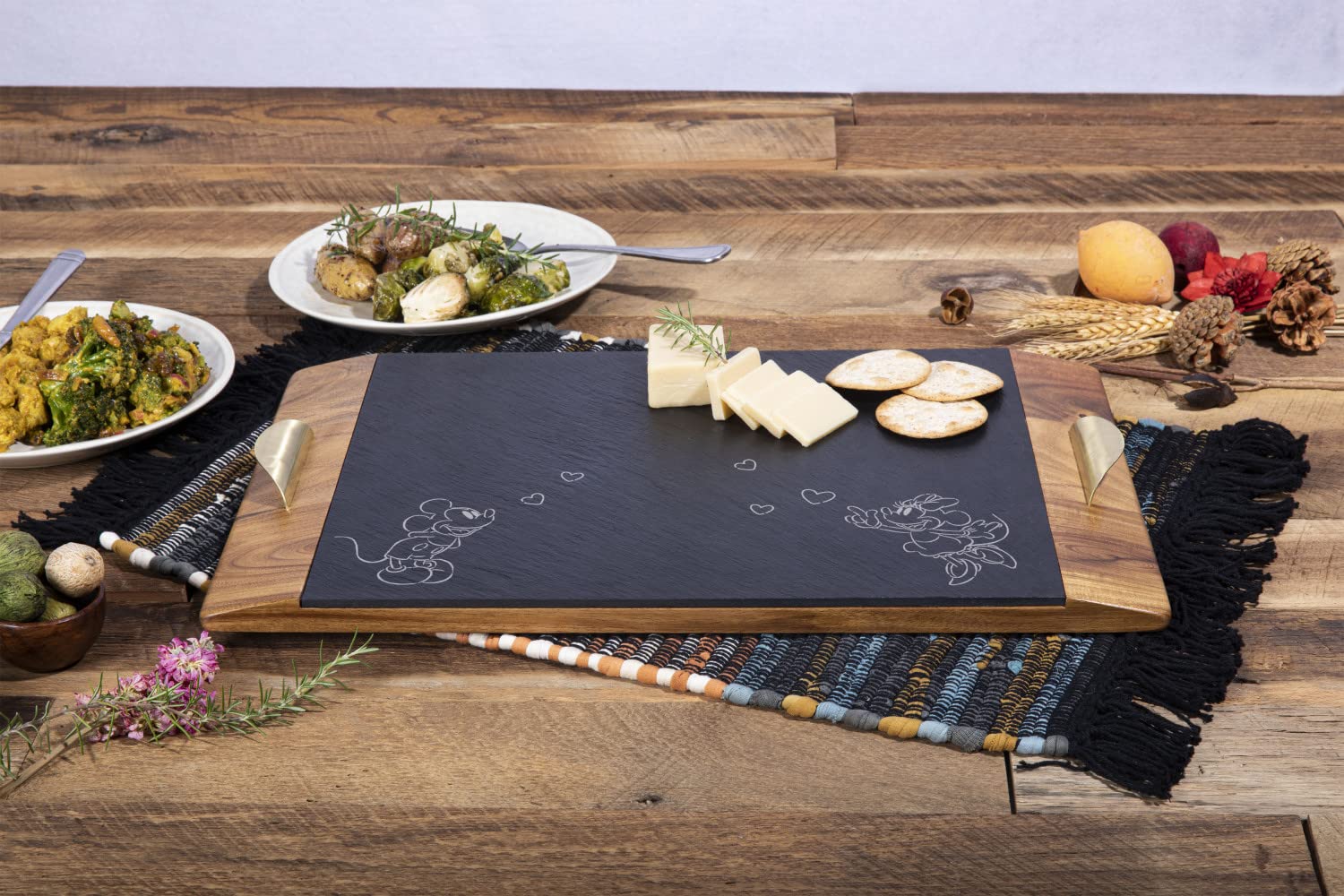 PICNIC TIME Disney Mickey Mouse & Minnie Mouse Covina Acacia and Slate Serving Tray, Charcuterie Board Set, Cheese Board, (Acacia Wood & Slate Black with Gold Accents)