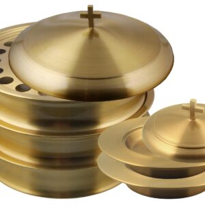 Communion Ware 3 Holy Wine Serving Trays with A Lid & 2 Stacking Bread Plates with A Lid - Stainless Steel (Brass/Gold Shiny)