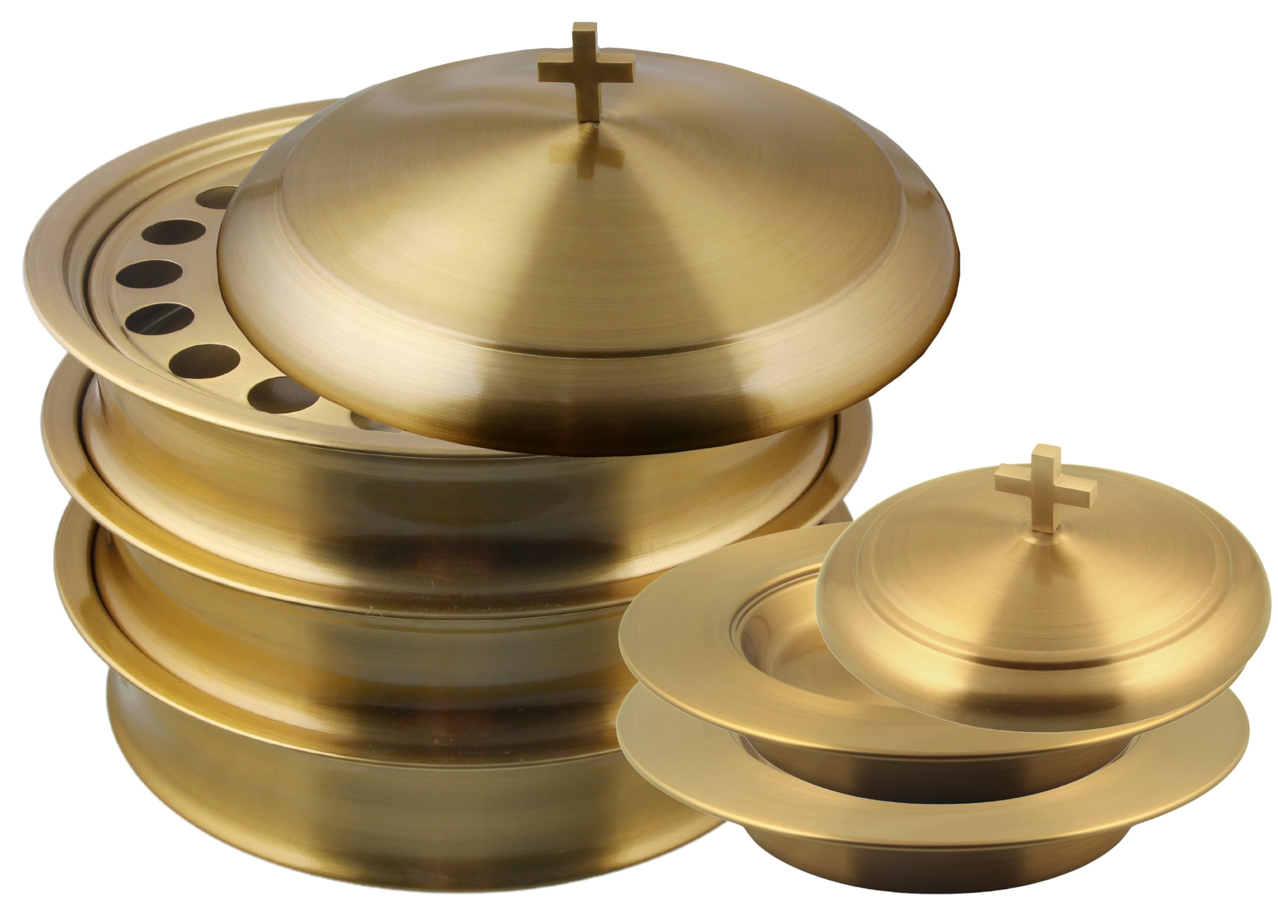 Communion Ware 3 Holy Wine Serving Trays with A Lid & 2 Stacking Bread Plates with A Lid - Stainless Steel (Brass/Gold Shiny)