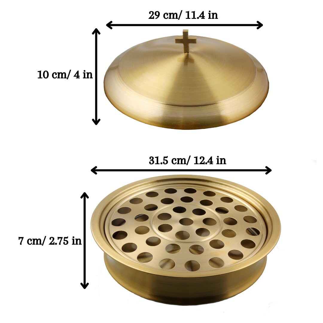 Communion Ware 3 Holy Wine Serving Trays with A Lid & 2 Stacking Bread Plates with A Lid - Stainless Steel (Brass/Gold Shiny)