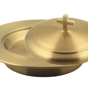 Communion Ware 3 Holy Wine Serving Trays with A Lid & 2 Stacking Bread Plates with A Lid - Stainless Steel (Brass/Gold Shiny)