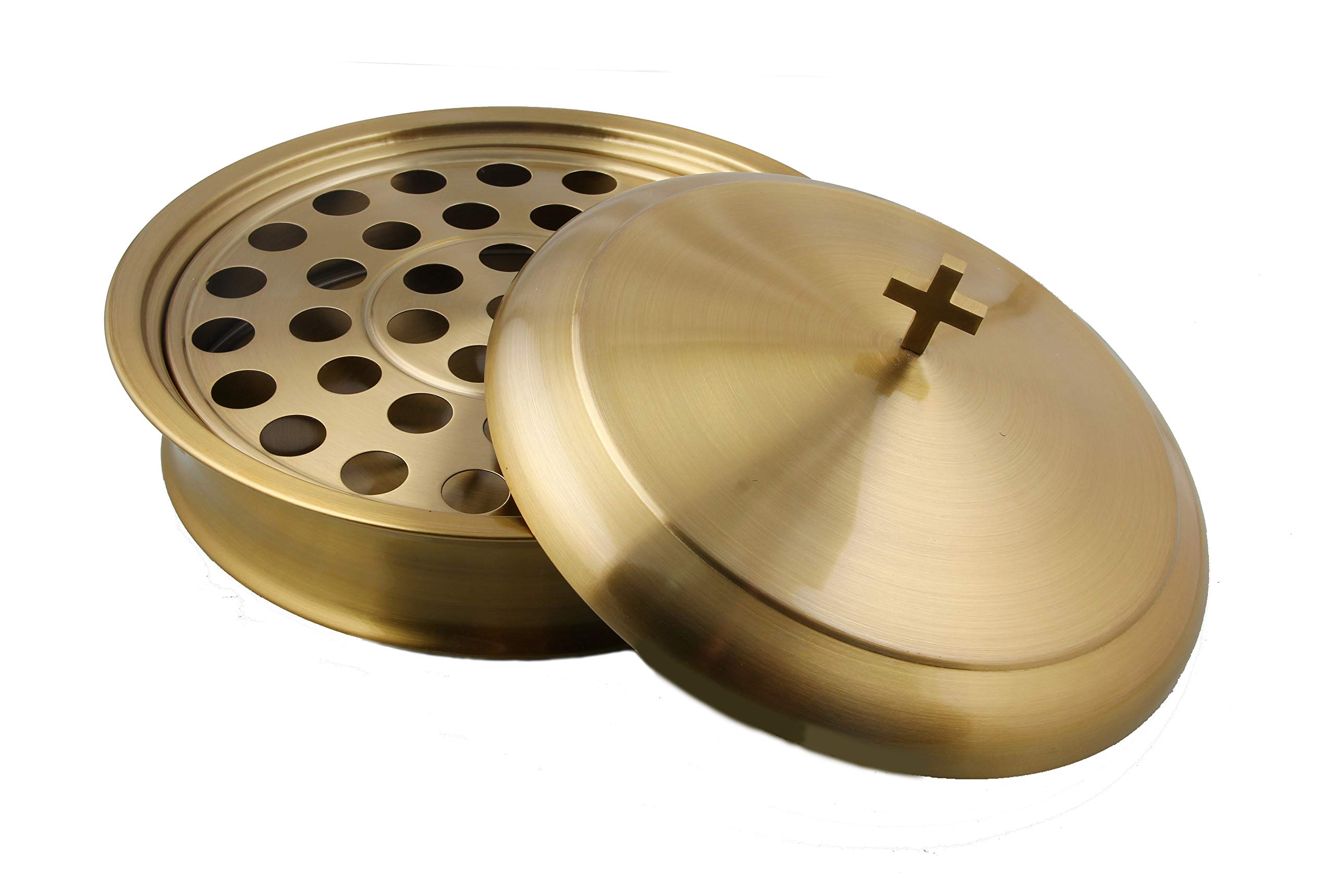 Communion Ware 3 Holy Wine Serving Trays with A Lid & 2 Stacking Bread Plates with A Lid - Stainless Steel (Brass/Gold Shiny)