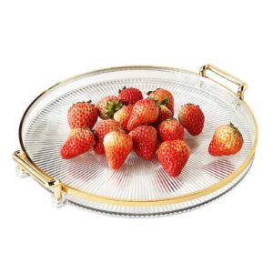 iwangds round serving tray with golden handles and golden rim border, decorative plastic serving tray for living room, bathroom, kitchen | tray decor for party, coffee table, display 10.63" (amber)