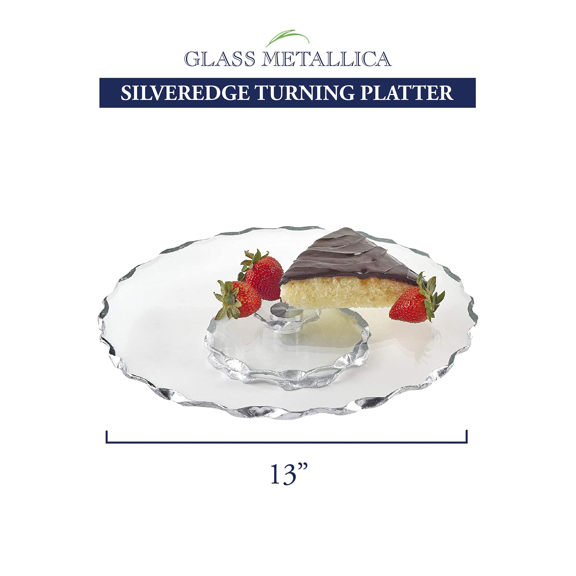 Badash Silveredge Rotating Glass Platter - 13" Hand-Decorated Chiseled Edge Round Lazy Susan Tray for Cake, Pastry, Cookies, Pie - Food-Safe & Great for Entertaining