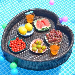 creative heart-shaped floating pool tray, handmade carefully rattan woven serving basket table & bar for sandbars, spas, bath, and parties, serving drinks, brunch, food on the water