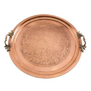 hammered copper serving tray with brass handle - decorative round coffee table tray - multi-purpose kitchen food tray decorative for breakfast, dinner, and parties, 14 inch (flower design)