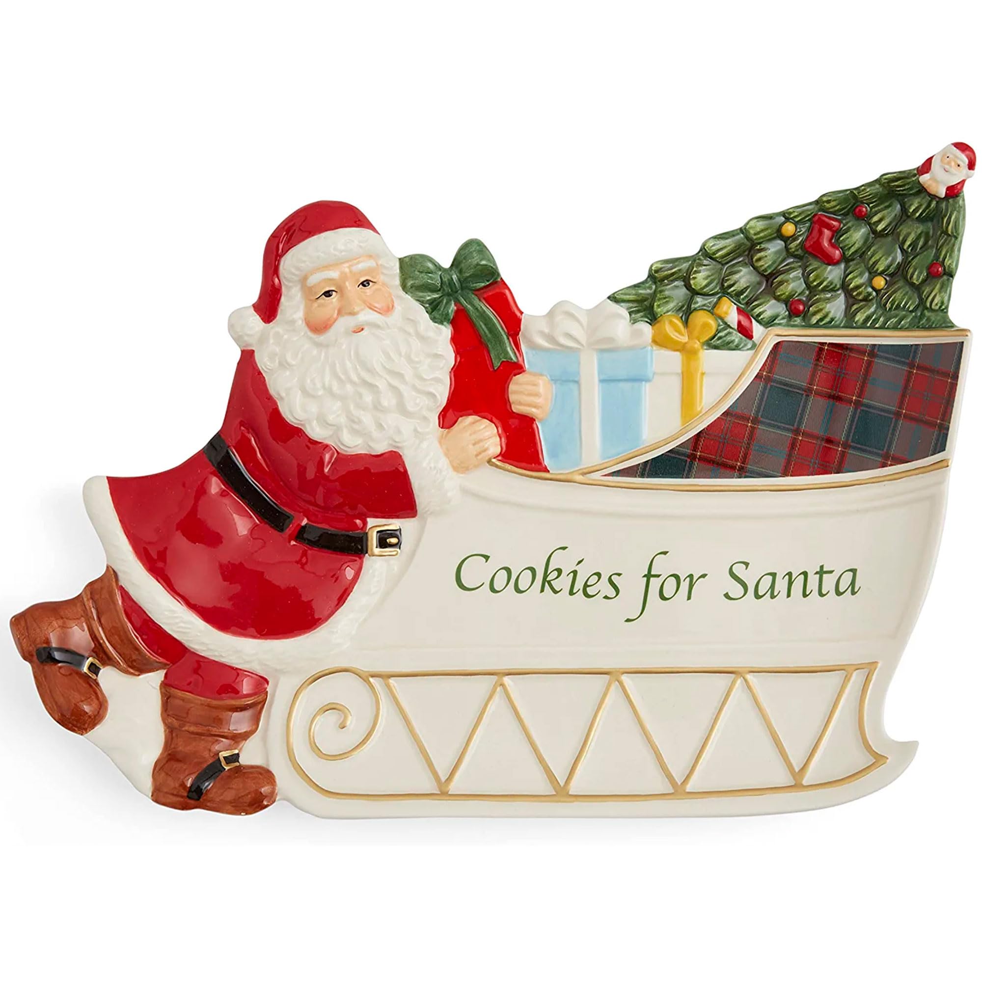 Spode Christmas Tree Collection Figural Santa Sleigh Cookies for Santa Platter | 12 Inch Serving Plate for Cookies, Desserts and Christmas Treats | Made of Dolomite | Perfect Holiday Gift and Christma