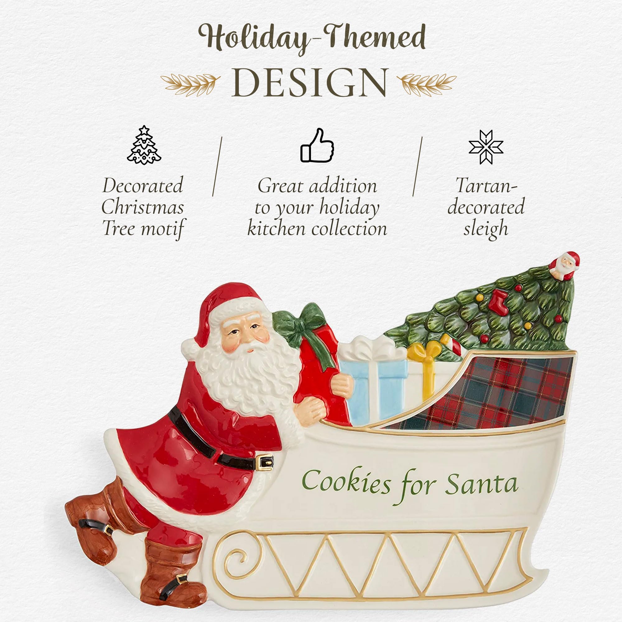 Spode Christmas Tree Collection Figural Santa Sleigh Cookies for Santa Platter | 12 Inch Serving Plate for Cookies, Desserts and Christmas Treats | Made of Dolomite | Perfect Holiday Gift and Christma