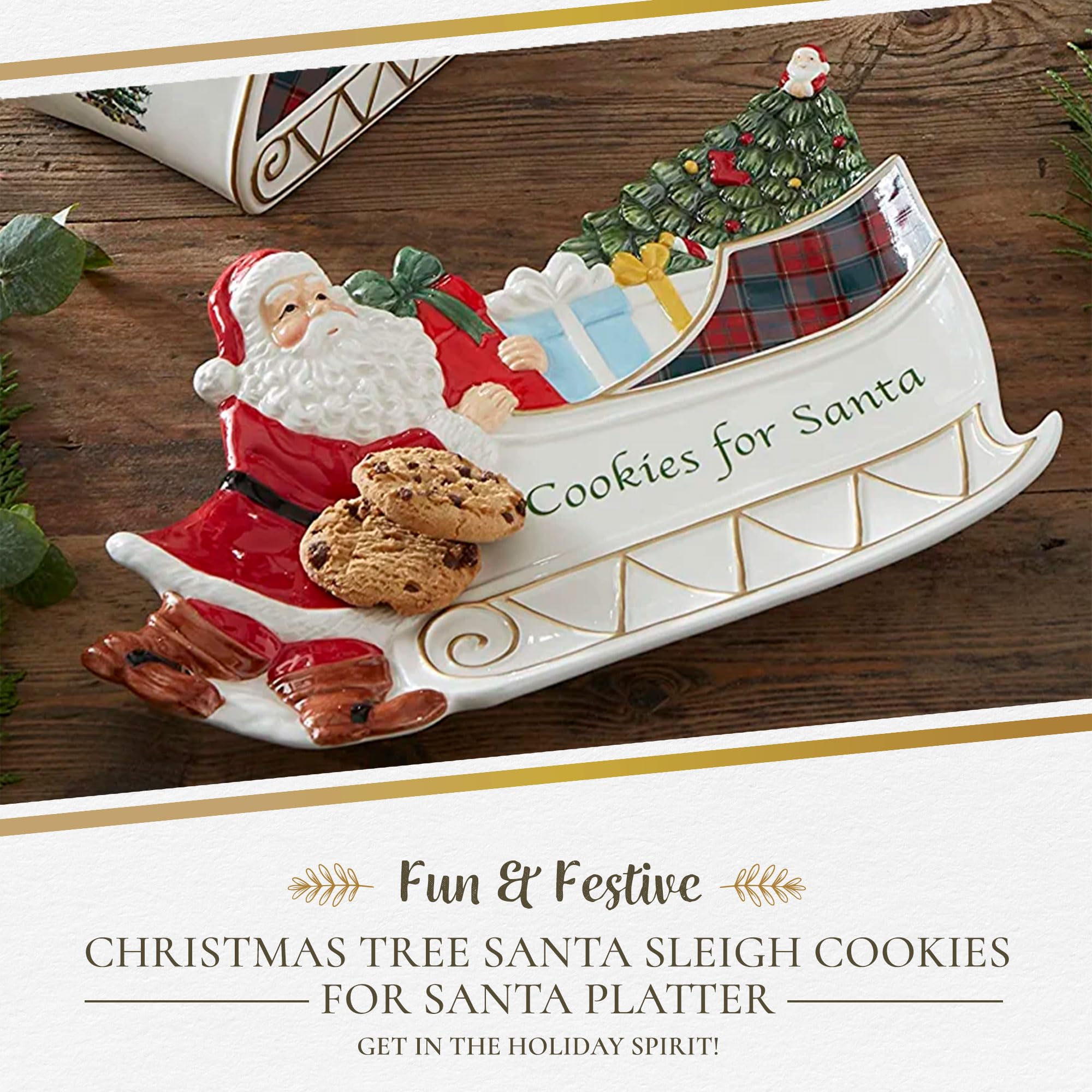 Spode Christmas Tree Collection Figural Santa Sleigh Cookies for Santa Platter | 12 Inch Serving Plate for Cookies, Desserts and Christmas Treats | Made of Dolomite | Perfect Holiday Gift and Christma