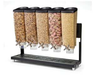 rosseto ez-pro ez577 five-container table top cereal dispenser stand & catch tray, black (1 gallon each)