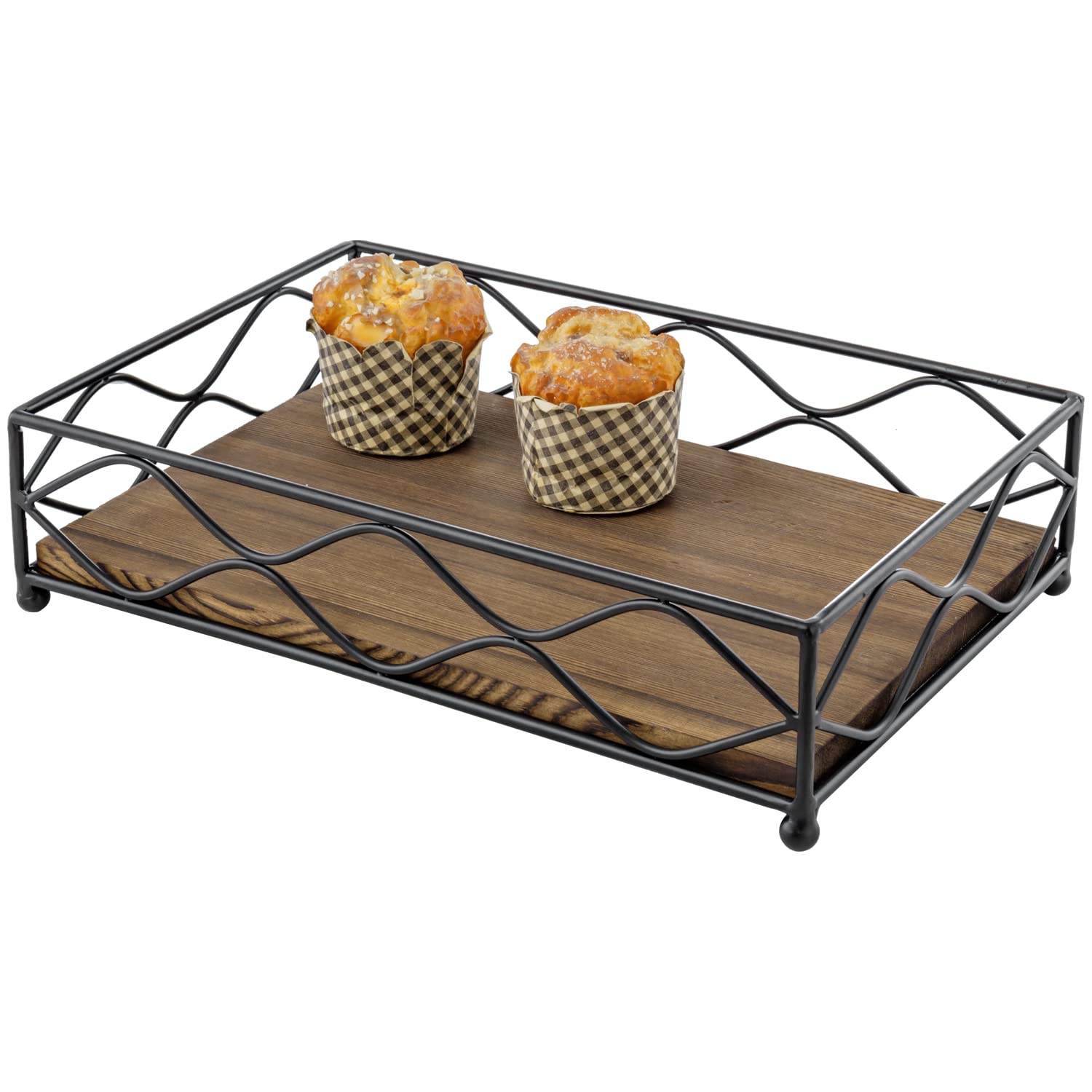 MyGift Rustic Decorative Serving Tray, Burnt Wood ad Matte Black Metal Wire Display Tray with Rounded Feet