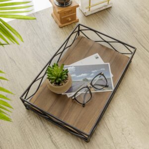 MyGift Rustic Decorative Serving Tray, Burnt Wood ad Matte Black Metal Wire Display Tray with Rounded Feet