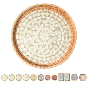 tynulox 11.8" rattan tray with mother of pearl inlay wooden base | round woven wicker tray | coffee table tray for storage display bread fruit breakfest