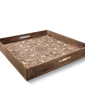 Foxglove Market Large Wood Ottoman Tray - 20 x 20 Inch Square Wooden Serving Tray (Solid Base) - Decorative Tray with Handles