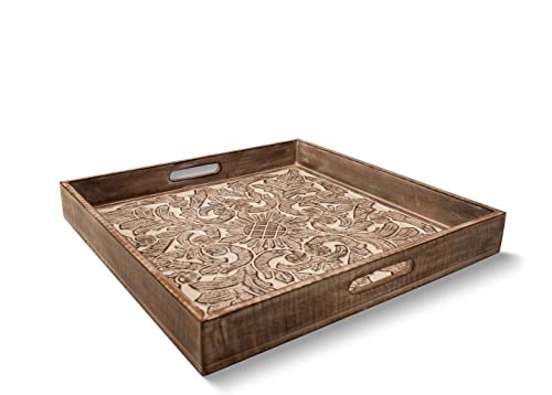 Foxglove Market Large Wood Ottoman Tray - 20 x 20 Inch Square Wooden Serving Tray (Solid Base) - Decorative Tray with Handles