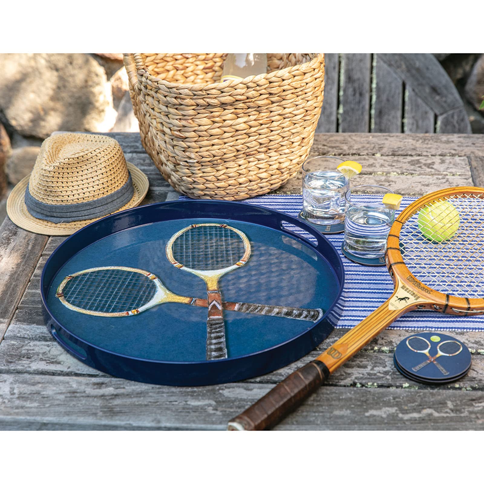 rockflowerpaper Tennis Anyone 15 inch Round Lacquered Wooden Decorative Heat Resistant Tray with Handles for Coffee Drinks Breakfast Dinner