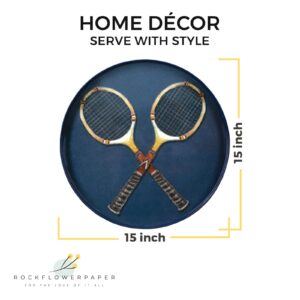 rockflowerpaper Tennis Anyone 15 inch Round Lacquered Wooden Decorative Heat Resistant Tray with Handles for Coffee Drinks Breakfast Dinner