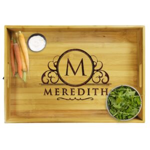 premium monogrammed bamboo wood serving tray with handles - personalized and custom engraved for free