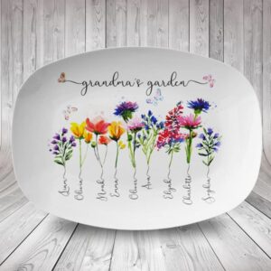 Custom Grandma's Garden Plate With Grandkids Names Family Name Watercolor Flowers Personalized Platter Unique Mothers Day Gift for Grandma Serving Trays Serving Plates for Fish Dish, Steak