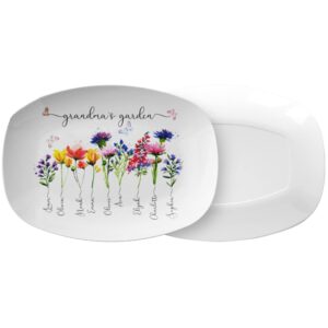 Custom Grandma's Garden Plate With Grandkids Names Family Name Watercolor Flowers Personalized Platter Unique Mothers Day Gift for Grandma Serving Trays Serving Plates for Fish Dish, Steak