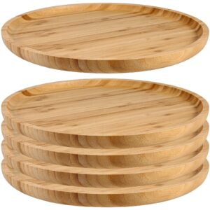 joikit 5 pack 12 inch bamboo round platter, fine polished round wood plates bamboo serving tray for holding fruit, bread, cheese, nut, coffee, tea, plant saucer