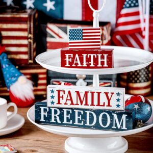 Chunful 4 Pieces 4th of July Wooden Block Patriotic American Wood Sign Independence Day Tiered Tray Decorations Patriotic Wood Decor for Home Table Decoration, 4 Sizes