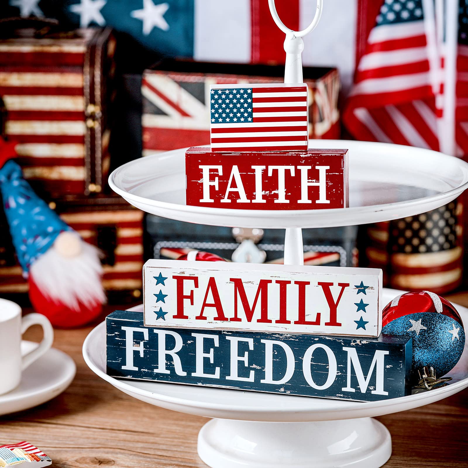 Chunful 4 Pieces 4th of July Wooden Block Patriotic American Wood Sign Independence Day Tiered Tray Decorations Patriotic Wood Decor for Home Table Decoration, 4 Sizes