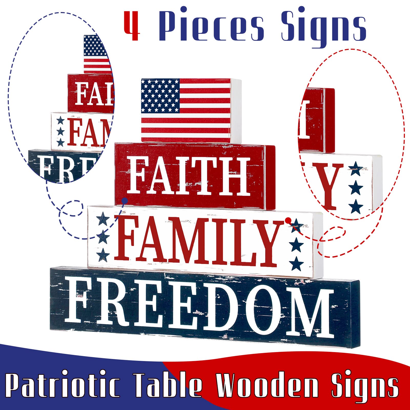 Chunful 4 Pieces 4th of July Wooden Block Patriotic American Wood Sign Independence Day Tiered Tray Decorations Patriotic Wood Decor for Home Table Decoration, 4 Sizes