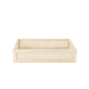yahuan rectangular wooden bamboo serving tray with handles, handwoven rattan decorative display serving platters, guest towel napkin holder for dining bathroom table desktop (rectangular bamboo)