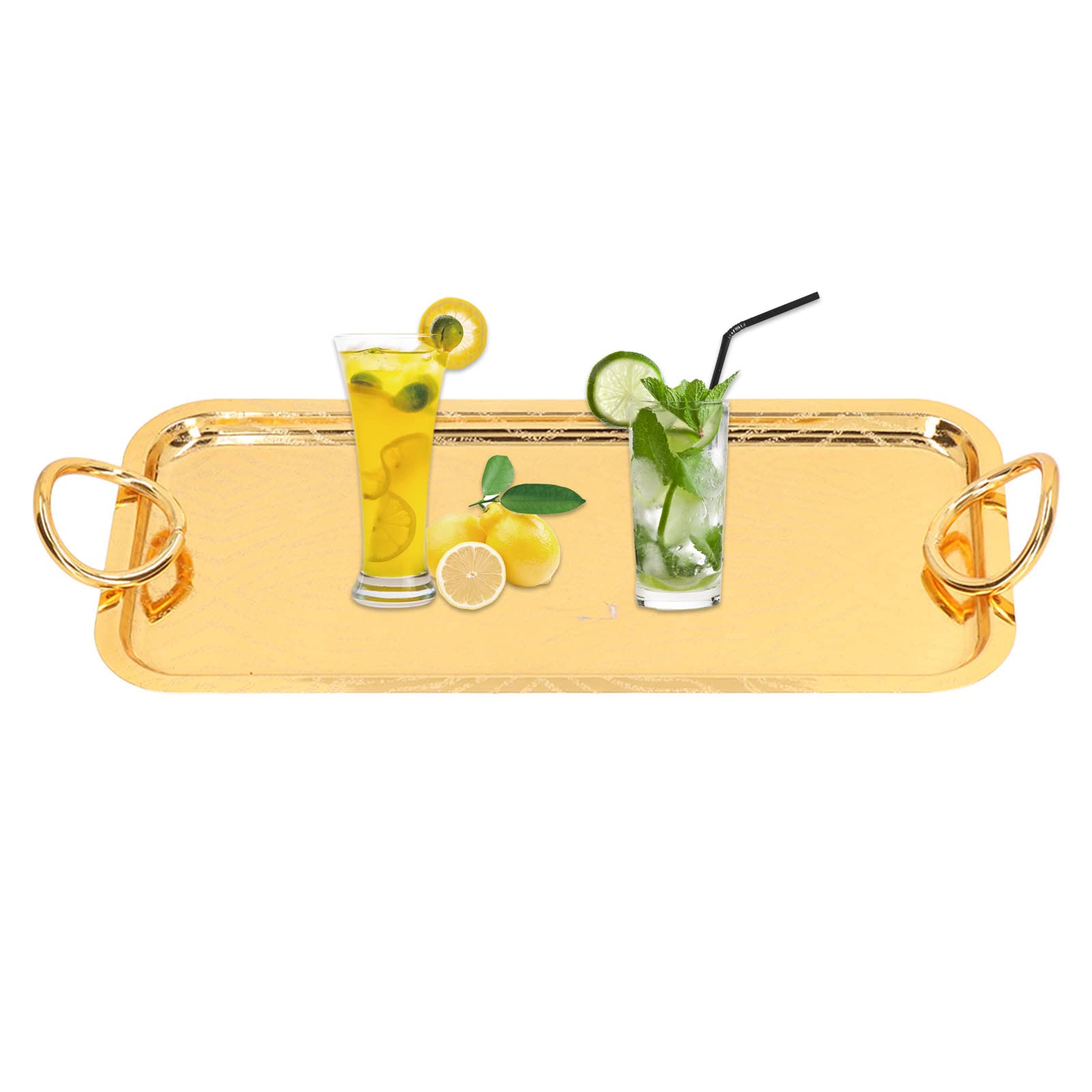 Rectangular Tea Cup Tray Gold Storage Fruit Tray Stainless Steel Serving Tray with Round Handle Food with Round for Wedding Party Birthday Picnic