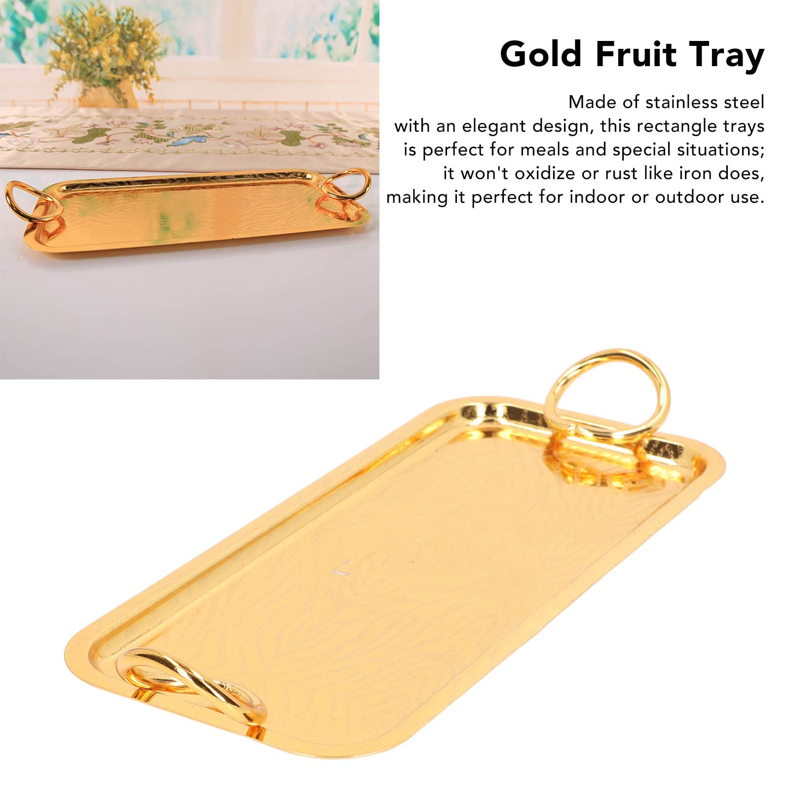 Rectangular Tea Cup Tray Gold Storage Fruit Tray Stainless Steel Serving Tray with Round Handle Food with Round for Wedding Party Birthday Picnic