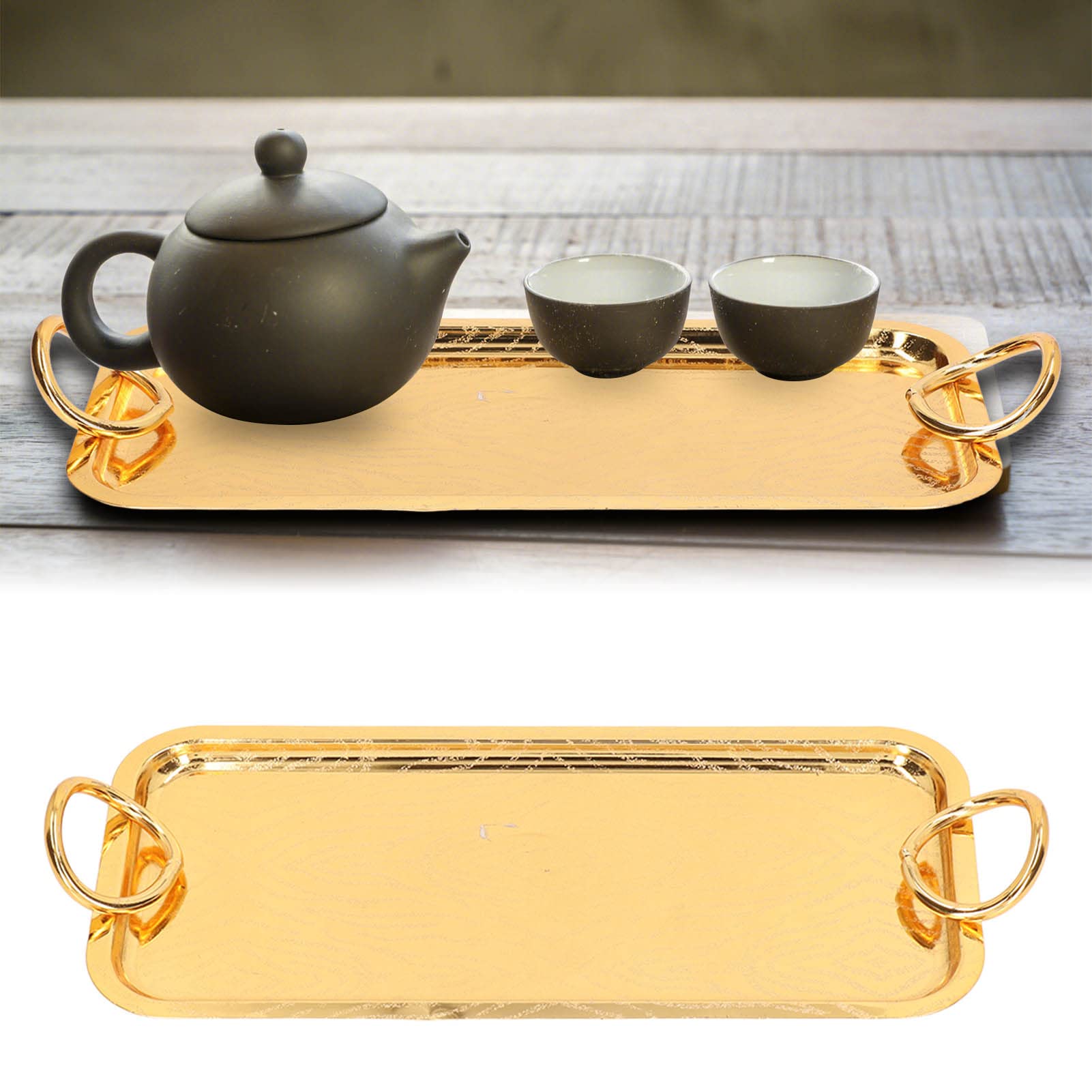 Rectangular Tea Cup Tray Gold Storage Fruit Tray Stainless Steel Serving Tray with Round Handle Food with Round for Wedding Party Birthday Picnic