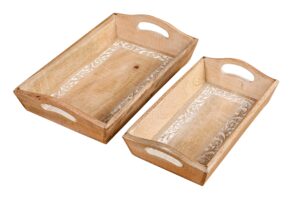 carved wooden office tray decor, rustic handmade classic wooden office desk tray for papers and stationary, serving tray for coffee and snacks - white wash - set of 14 and 10 inches