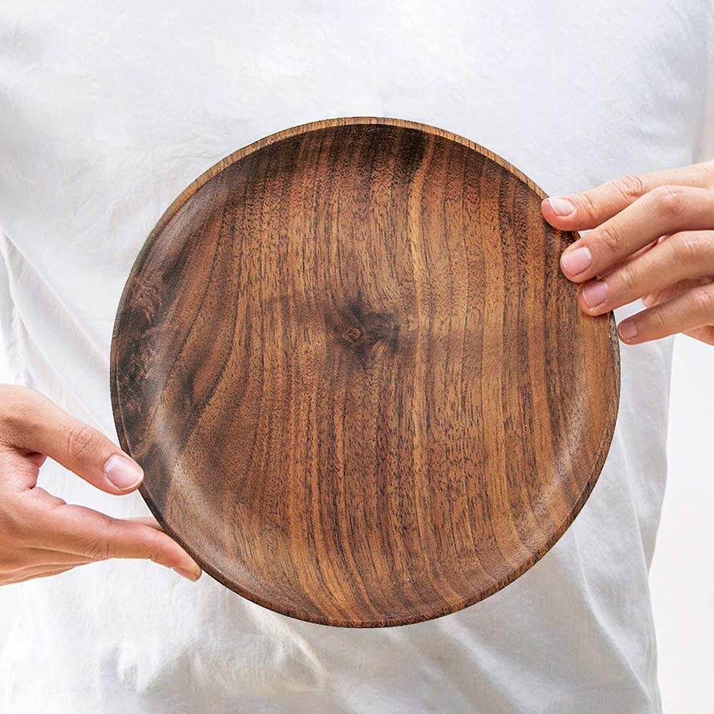 Natural Round Wooden Plates Black Walnut Wood Tray Cake Snack Plate Dessert Serving Tray Dishes Wood Utensils Tableware Gifts (7.9in(2pcs))