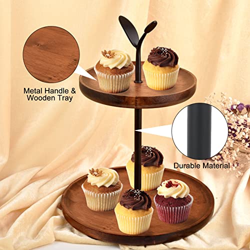 Mightree Cupcake Stands 2 Tier, Rustic Wood Tiered Tray, Tiered Dessert Serving Tray, Farmhouse Decorative Tiered Tray with Metal Handle, Tiered Tray Decor for Kitchen, Party, Brown