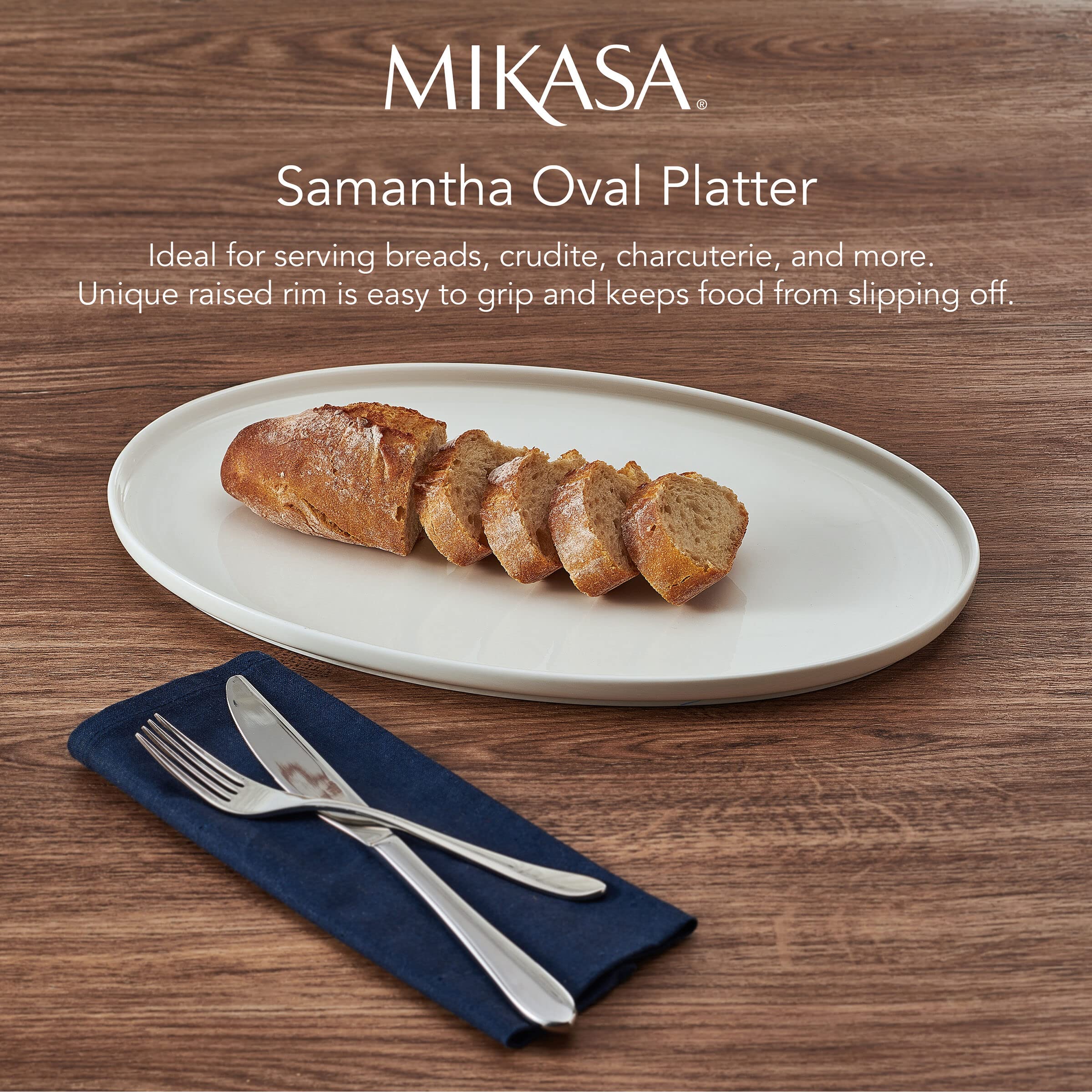 Mikasa Samantha Oval Bone China Lightweight Chip Resisant Serving Tray, 14 Inch, White