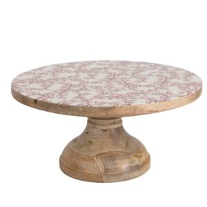 creative co-op enameled mango wood pedestal with berry pattern, burgundy and cream