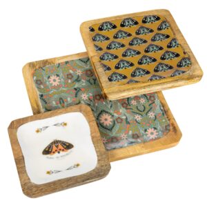 creative co-op enameled wood moths and florals, set of 3 sizes, multicolor tray, multi
