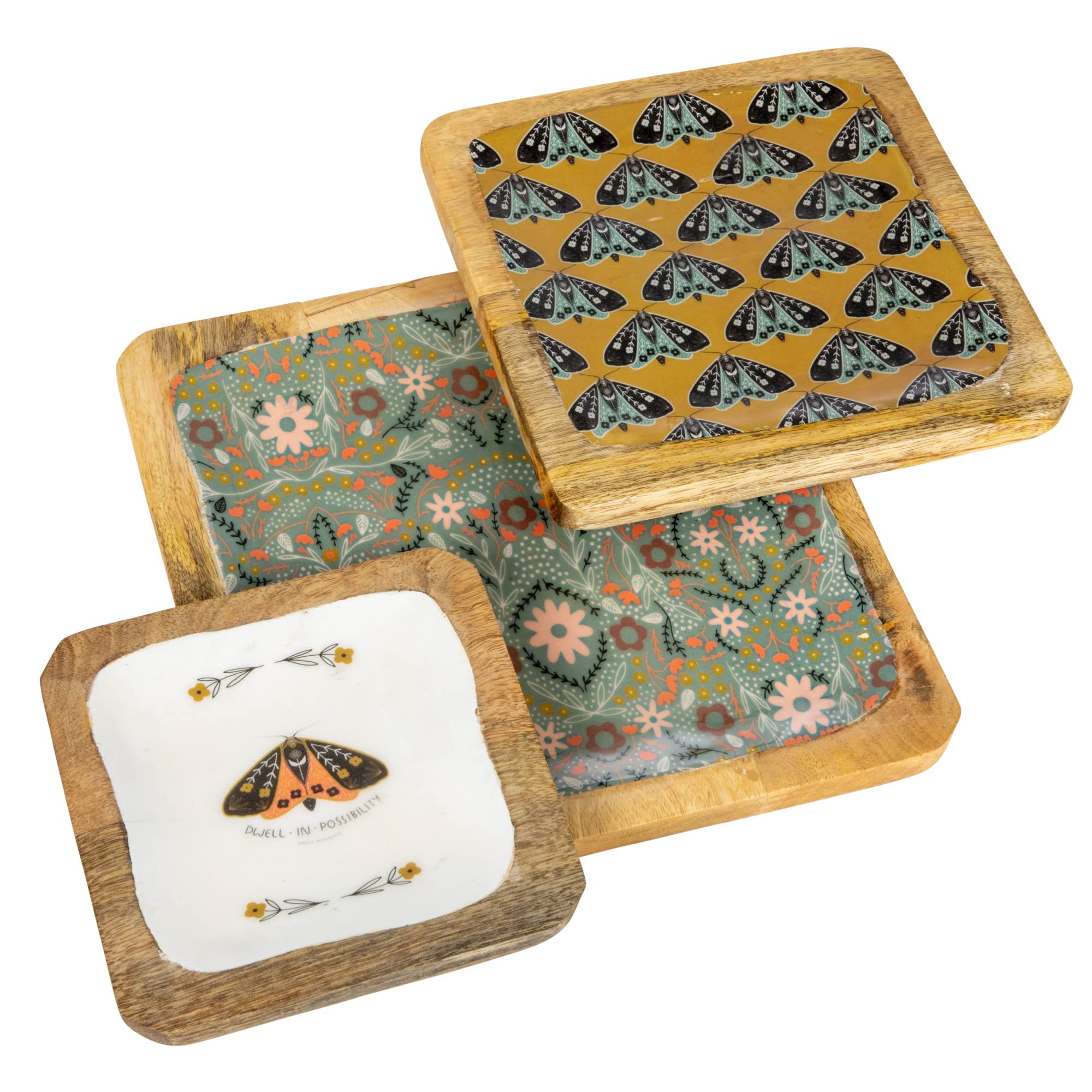 Creative Co-Op Enameled Wood Moths and Florals, Set of 3 Sizes, Multicolor Tray, Multi