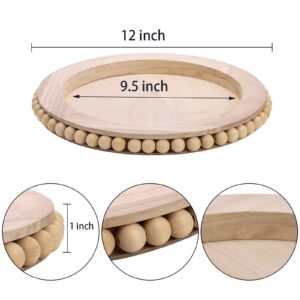 TOPZEA Wooden Beaded Tray, 12 Inch Wood Decorative Coffee Table Centerpiece Trays Farmhouse Decor Boho Bead Candle Holder Round Ottoman Tray for Kitchen Counter Living Room Home Bathroom Organizer
