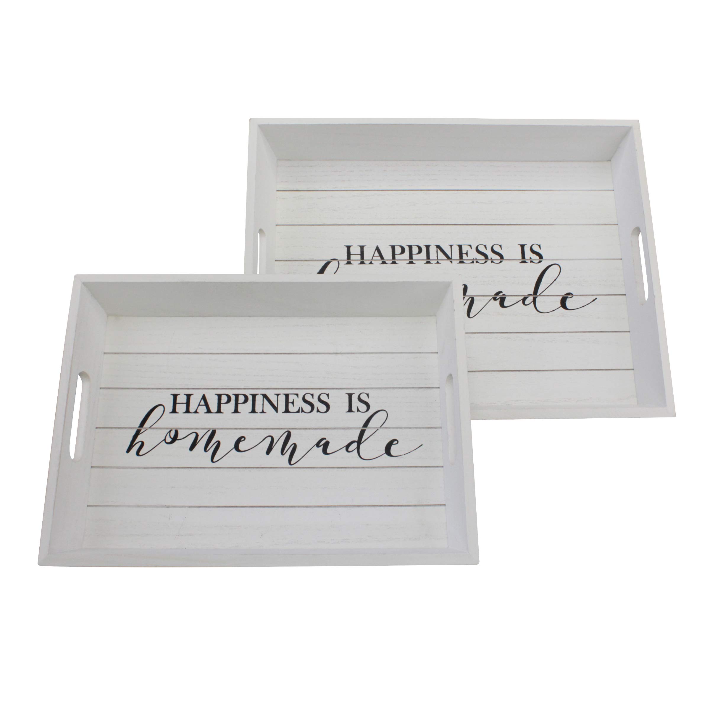 Stonebriar Decorative Rectangle Worn White Wooden Happiness is Homemade Tray Set with Handles