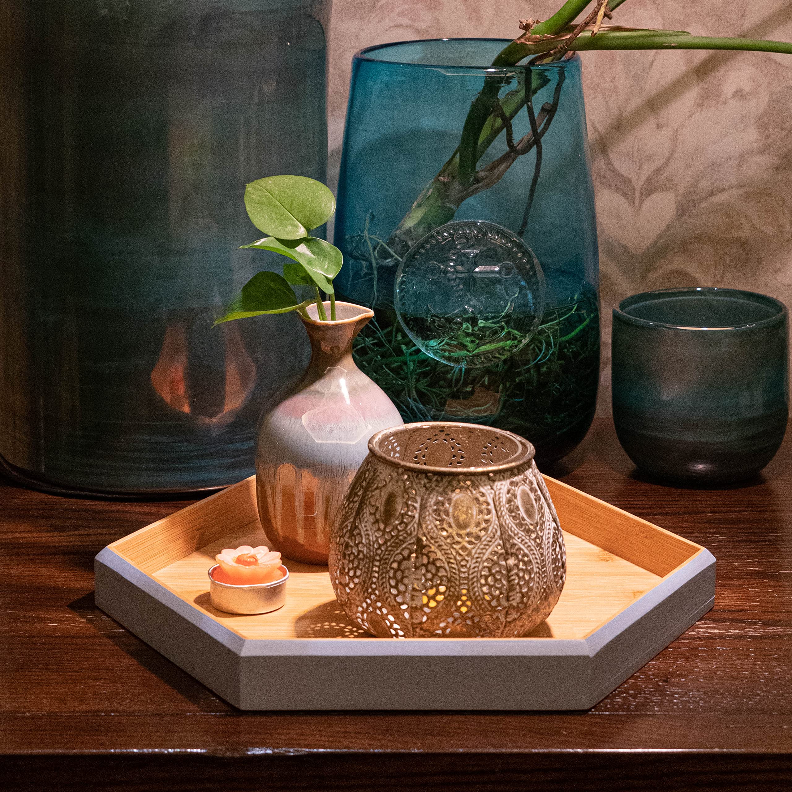 Serving Tray Hexagon Large Decorative Tray, 12" Seasoning Organizer for Kitchen, Candle Holder Tray, Bread Plates, Food Tray Platter, Fruit Trays, Dinner Plates by Tessie & Jessie (Blue, Small)