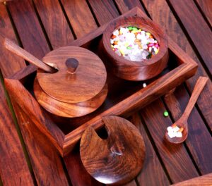 creation india craft wooden jar set with tray and spoon, 50 ml, 2-pieces,indian rosewood, refreshner box table top for dinning table