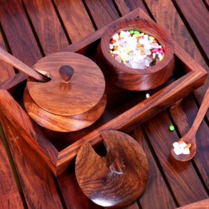 Creation India Craft Wooden Jar Set with Tray and Spoon, 50 ml, 2-Pieces,Indian Rosewood, Refreshner Box Table Top for Dinning Table