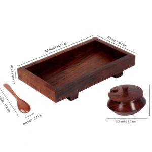 Creation India Craft Wooden Jar Set with Tray and Spoon, 50 ml, 2-Pieces,Indian Rosewood, Refreshner Box Table Top for Dinning Table