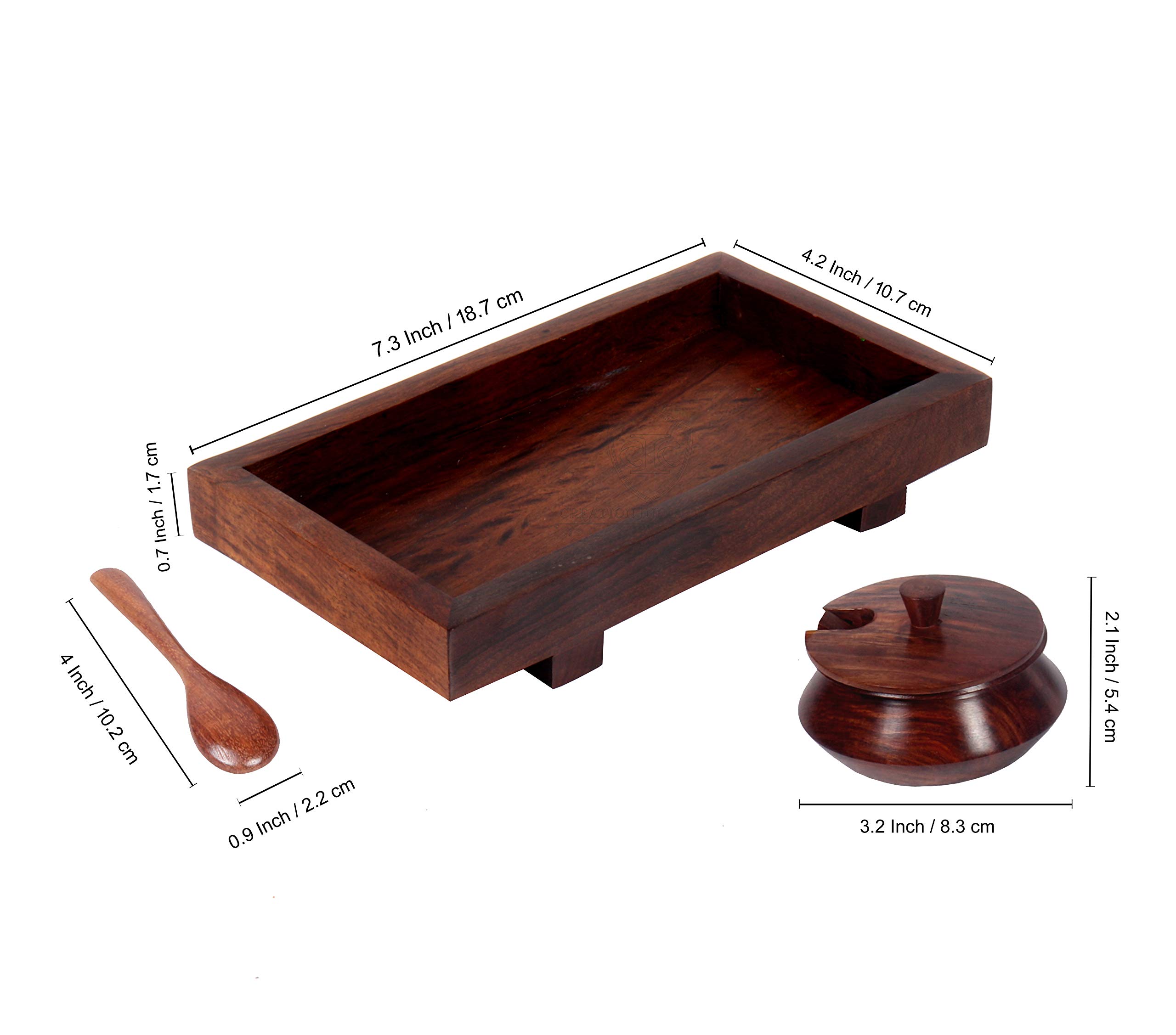 Creation India Craft Wooden Jar Set with Tray and Spoon, 50 ml, 2-Pieces,Indian Rosewood, Refreshner Box Table Top for Dinning Table