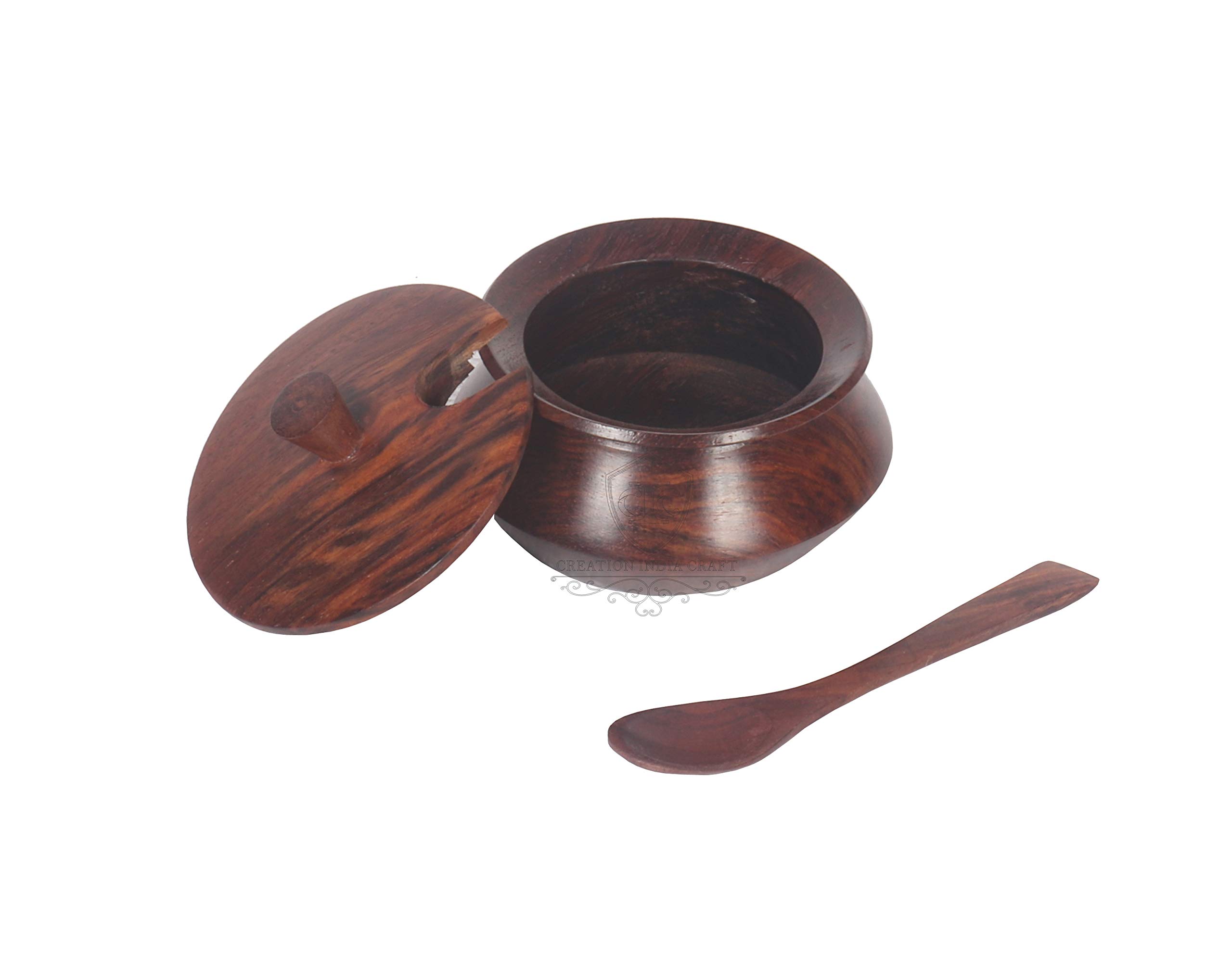 Creation India Craft Wooden Jar Set with Tray and Spoon, 50 ml, 2-Pieces,Indian Rosewood, Refreshner Box Table Top for Dinning Table