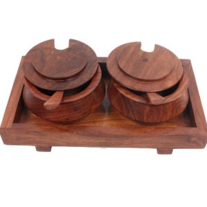 Creation India Craft Wooden Jar Set with Tray and Spoon, 50 ml, 2-Pieces,Indian Rosewood, Refreshner Box Table Top for Dinning Table